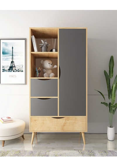 Floradesign Mangoo Elbise Dolabı Gardırop /elbise Dolabı Açık Raflı Tek Kapaklı Dolap Meşe/ Antrasit