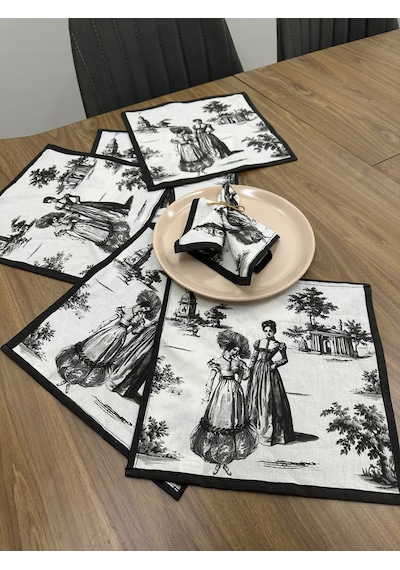 Toile De Jouy Paris Amerikan Servis 6 Lı Set 30x30 Cm %100 Pamuk Dijital Baskılı Klasik Fransız Tarzı Masa Dekoru - Zt720 Siyah