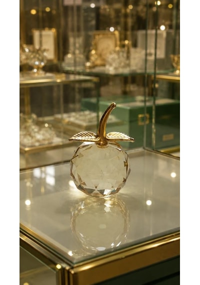 Sarı Kristal Elma Biblo Orta Boy 8.5 Cm Dekoratif Cam Elma Süsü Gold Yapraklı