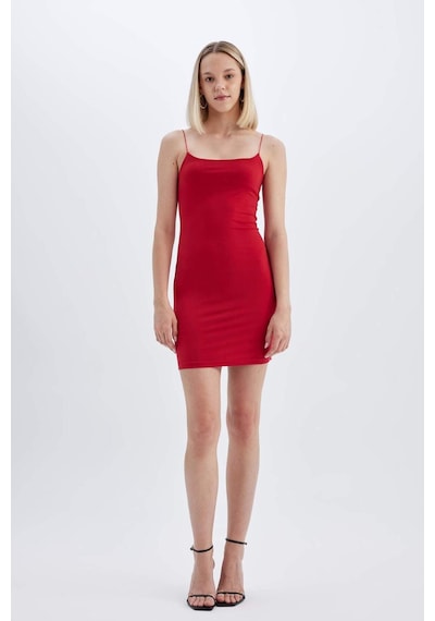 DeFacto Bodycon Kare Yaka Kırmızı Askılı Mini Elbise D3265AXNSRD62