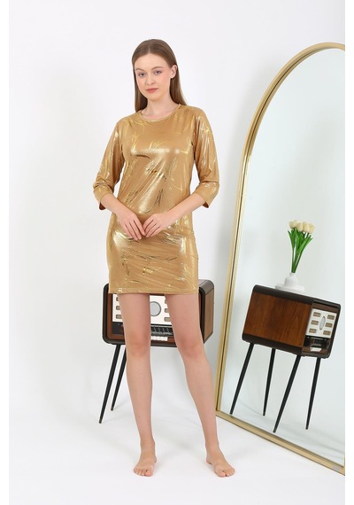 Modi Moda Çizgi Kadın Micro Kumaş Mini Parlak Elbise 7420 Sarı