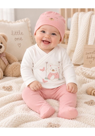 Eray Alp Kids Kız Bebek Sevimli Ayıcık Desenli 10'lu Hastane Çıkışı Ve Zıbın Seti Pembe