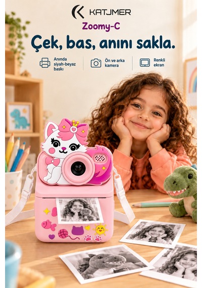 Kj/zm-001 Zoomy-c Kedi Figürlü Anında Baskılı Çocuk Fotoğraf Makinesi, Çift Kamera, 2,4 İnç Ekran, 1080p Video, 3+ Yaş Pembe