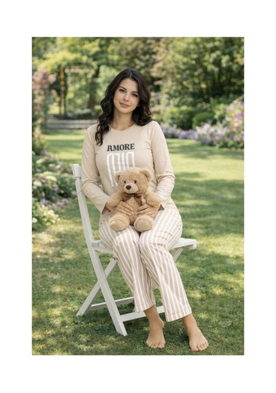 Rindahomewear Kadın Cizgili Baskılı Süprem Pijama Takımı Somon1