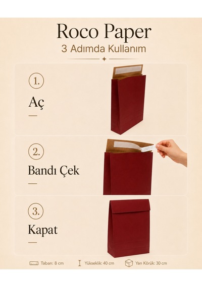 Yapışkan Bantlı Kraft Kese Kağıdı, Bordo Renk, 30x40x10 Cm - 24'lü Paket, Hediye Ve Kargo Zarfı