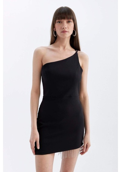 DeFacto Bodycon Vücudu Saran Tek Omuzlu Kolsuz Mini Abiye Elbise D3272AXNSBK27