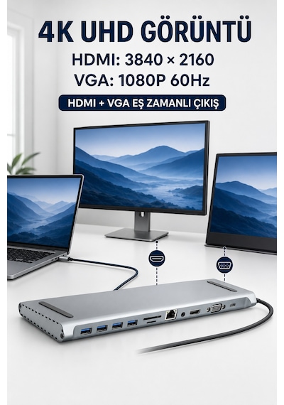 11in1 Çoklayıcı Type-c 3.1 To 4k Hdmi Vga Usb-c Ethernet Usb Çoklayıcı Sd Kart Okuyucu Çevirici Hub