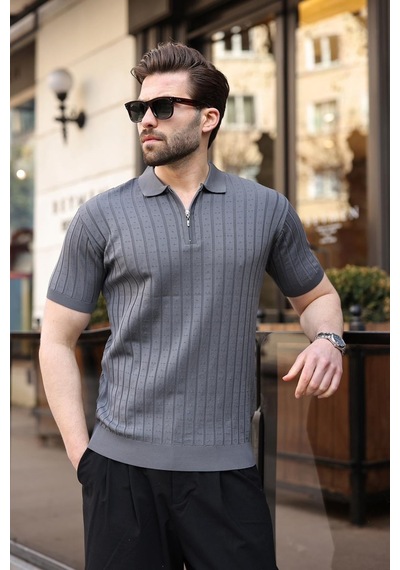 Antrasit Polo Yaka Slim Fit Triko Erkek Tişört E7465 Antrasit