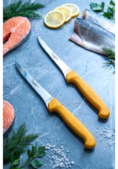 Lazbisa Mft-015 Gold Serisi Mutfak Fileto Bıçağı Steak Bıçak Et Balık Tavuk Fileto Bıçağı 2 Li Set Sarı