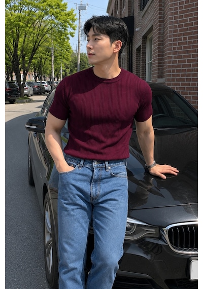 Tarz Cool Old Money Fit Bisiklet Yaka Çizgili Triko T-shirt Slim Kalıp Premium Bordo