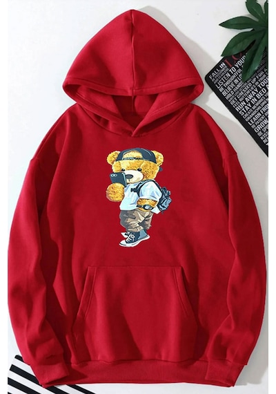 Medinenur Peluş Ayı Baskılı Kapüşonlu Sweatshirt Kırmızı