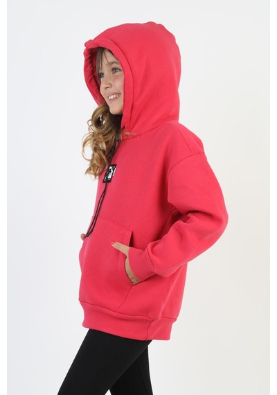 Kapüşonlu Art Baskılı Kanguru Cepli Kız Çocuk Sweatshirt-90847 Fuşya