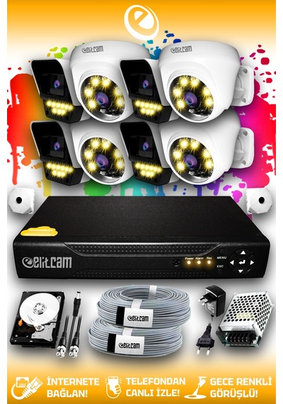 Elitcam 8 Kameralı Süper 4 İç Kamera Set 500 GB 5 MP 2K Net Renkli Gece Görüşlü Güvenlik Kamerası Sistemi