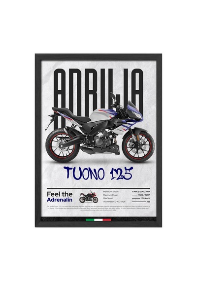Aprilia Tuono 125 Siyah Ahşap Çerçeveli Poster, Dekoratif Motosiklet Duvar Tablosu