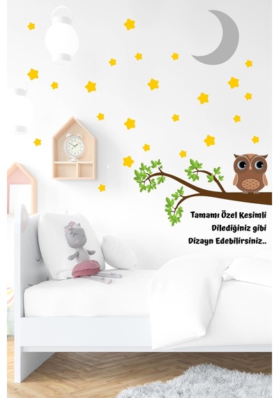 MSticker Dalda Sevimli Baykuş Yıldızlar Ve Ay Çocuk Bebek Odası Sticker