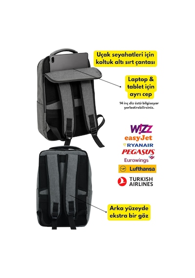 Jet Turtle Seyahat Sırt Çantası 40cm 40x25x15 Cm Pegasus, Wizz Air, Ryanair, El Valizi Koltuk Altı Valizi Gri