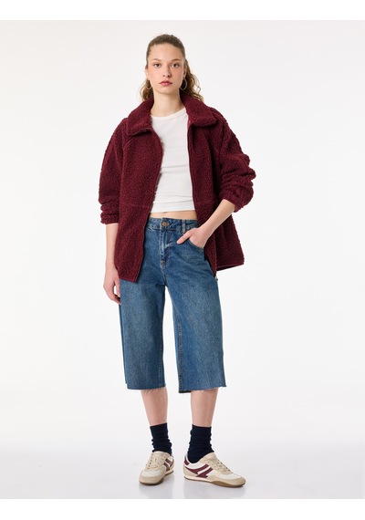 Koton Uzun Kollu Dik Yaka Cep Detaylı Fermuarlı Oversize Peluş Ceket Bordo 6wmg60028ık