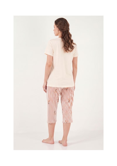Lela Desenli Pamuklu Bisiklet Yaka Kaprili Pijama Takımı Bayan Pijama Takımı 65790787 Bej