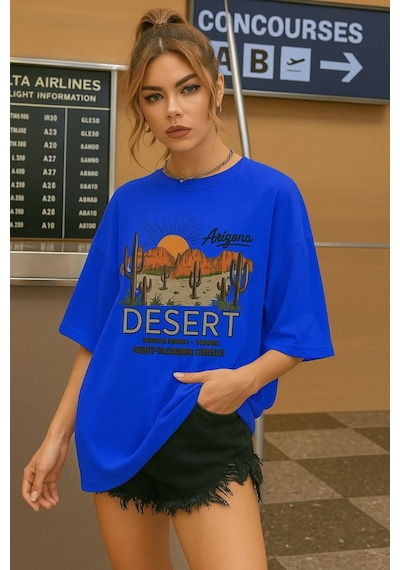 Desert Arızona Baskılı Unisex Tshırt Saks Mavisi