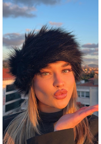 Mollycrush Kadın Siyah Peluş Kürk Şapka Rus Tarzı Premium Kışlık Model Siyah
