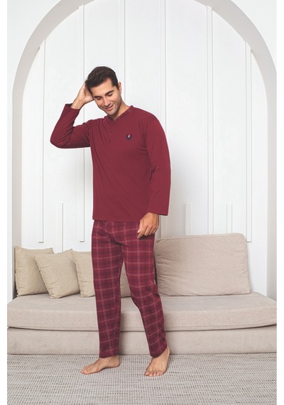 Sude Homewear Erkek Ekoseli Uzun Kollu Pijama Takımı Bordo - Siyah