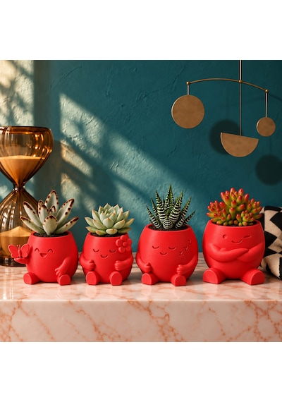 4lü Sevimli Karakterli Dekoratif Sukulent Ve Kaktüs Saksı Seti Kırmızı