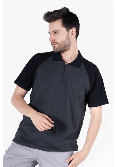T-shirt Polo Yaka Fermuarlı Antrasit Gri - Siyah