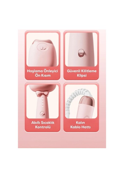 Mobgift Pembe Kedi Figürlü Seramik Saç Şekillendirici 200 Derece Hızlı Isınma Özelliği Açık Pembe