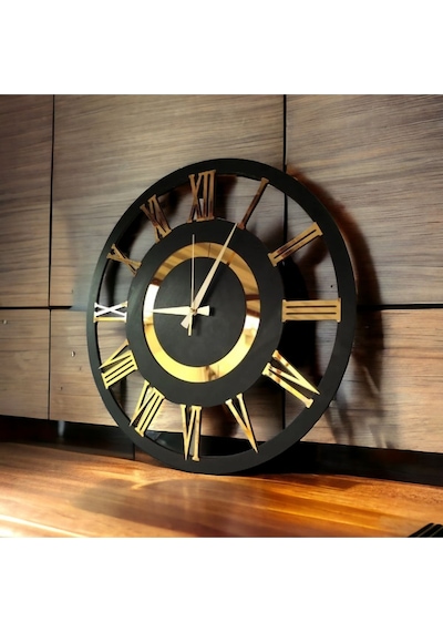 Siyah Ve Ceviz Renk Gold Sayılı Hediyelik Ahşap Dekoratif Farklı Desenli Ev Duvar Saati 50cm Ceviz