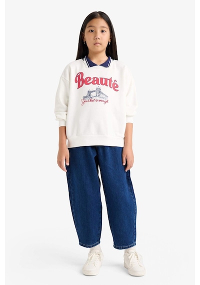 Defacto Relax Fit Polo Yaka Baskılı Sweatshirt Kız Çocuk F2251A825AU Ekru