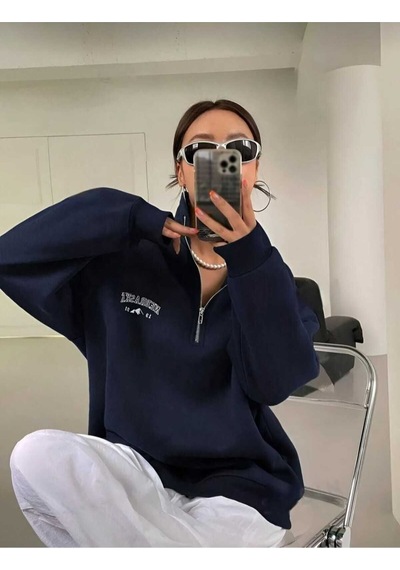 Kozia Outdoors Nebraska Baskılı Dik Yakalı Fermuarlı Oversize Unisex Sweatshirt Lacivert