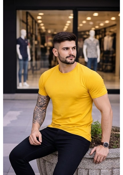 Novalisse Erkek Body Tişört Bisiklet Yaka Slim Fit Likralı T-shirt - Sarı Çoklu Renk