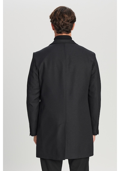 AC&Co / Altınyıldız Classics Erkek Sıyah Standart Fit Normal Kesim Mono Yaka Armürlü Kapak Cepli Palto Siyah