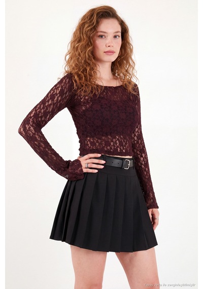Lela Çiçek Desen Dantelli Kayık Yaka Bluz Kadın Bluz 5867118 Bordo