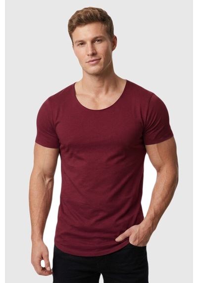 Deepsea Erkek Bordo Geniş Yaka Likralı Tişört Oval Yaka Slim Fit Eteği Oval Açık Yaka T-shirt 1801199 Bordo