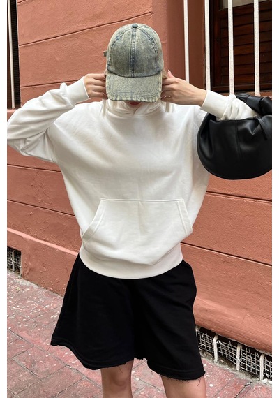 Ekru Kapüşonlu Oversize Cepli Sweatshirt Mg2207