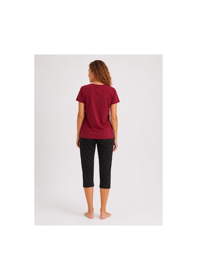 Pijamask Kadın Bordo Baskılı Kısa Kollu Kapri Pijama Takımı Rahat Kalıp Ev Giyim P14-78 Kırmızı