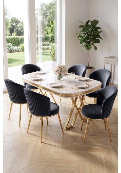 Nisare Serisi 90x168 Lak Panel Beyaz Mermer Desen Masa Takımı Gold Ayaklı 6 Sandalye Beyaz Mermer Masa Antrasit Sandalye Nisare Serisi 90x168 Lak Panel Beyaz Mermer Desen Masa Takımı Gold Ayaklı 6 Sandalye Beyaz Mermer Masa Antrasit Sandalye