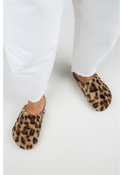 Manijero Leda Kadın Peluş Düz Taba Leopar Terlik Taba - Leopar