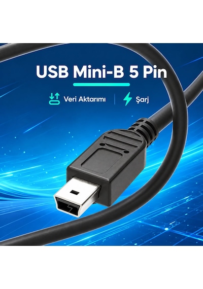 Mini Usb B 5 Pin Kablo 1.5 Metre Veri Aktarım Ve Şarj Bağlantı Kablosu Siyah