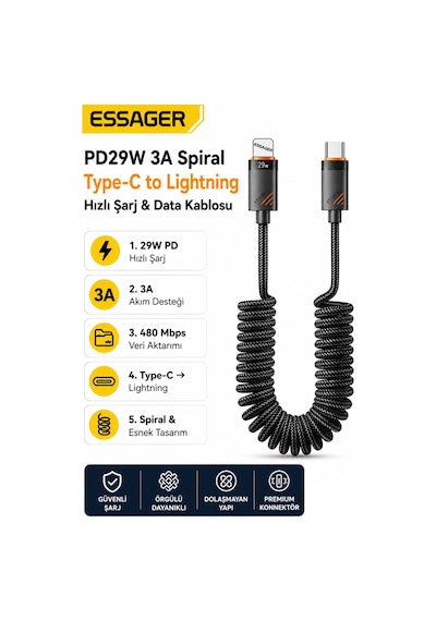 Essager 29w Pd 3a Spiral Araç Şarj Kablosu Type-c To Lightning Hızlı Şarj Kablosu 480mbps Data 1.8 Metre Desen - Ben10