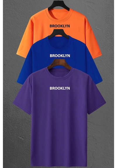 Brooklyn Baskılı Unisex Oversize 3'lü T-shirt Paketi Turuncu