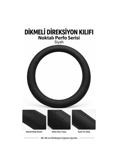 Trobus Volkswagen Golf 2009-2012 Uyumlu Dikmeli Direksiyon Kılıfı Noktalı Perfo Siyah
