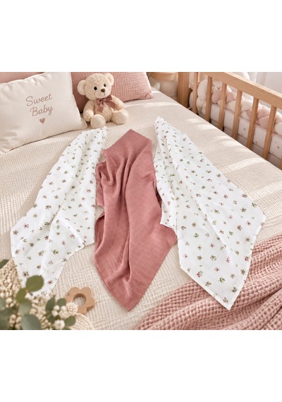 Sallhome Baby 3'lü Müslin Bebek Örtüsü Seti Çiçek Desenli & Gül Kurusu %100 Pamuk