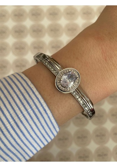 Pinery Jewels İri Taşlı Gümüş Modern Paslanmaz Çelik Kelepçe Bileklik Günlük Ve Altın