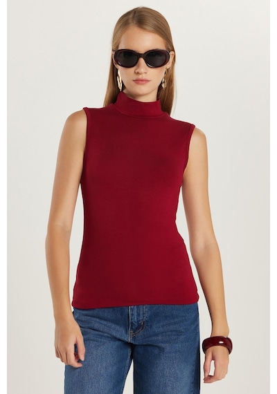 Tudors Kadın Regular Fit Klasik Kesim Viskon Kumaş Balıkçı Yaka Sıfır Kol Bordo Bluz-34816 Bordo
