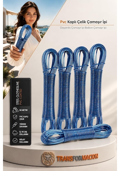 Transformacion 50 Metre Çelik Çamaşır İpi, Pvc Kaplı Paslanmaz Balkon Teli, Esnemez Dayanıklı İp 718621 Diğer