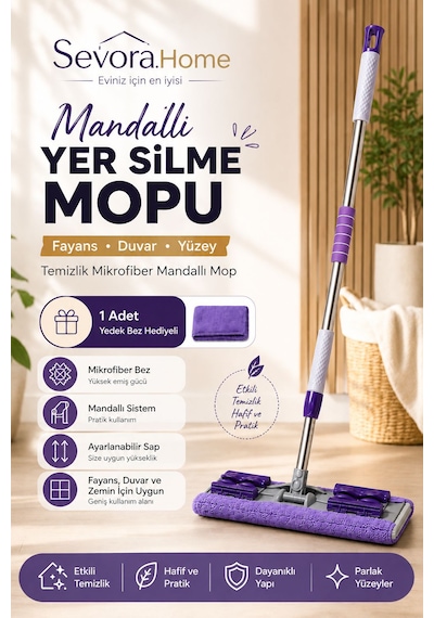 1 Adet Yedek Bez Hediyeli Yer Mopu Fayans Duvar Yüzey Temizlik Mikrofiber Mandallı Mop Mor