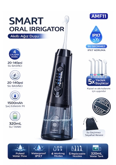 Ağız Duşu Şarjlı 320ml Su Tankı 5 Başlıklı Ipx7 Su Geçirmez Diş Duşu Yüksek Basınçlı Irrigator