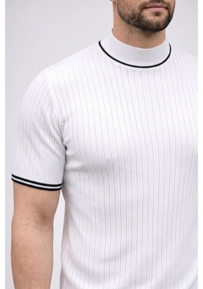 Barlashive Erkek Fitilli Triko Dokuma Kısa Kol Tişört Yarım Boğaz Modern Yazlık T-shirt - Beyaz Çok Renkli